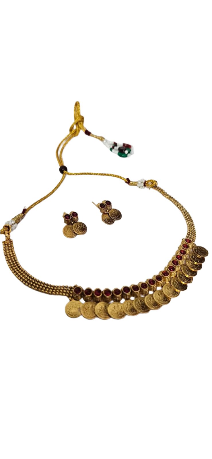 Single Layer Kashimala Necklace Set with Red Stones – Traditional Coin Jewelry