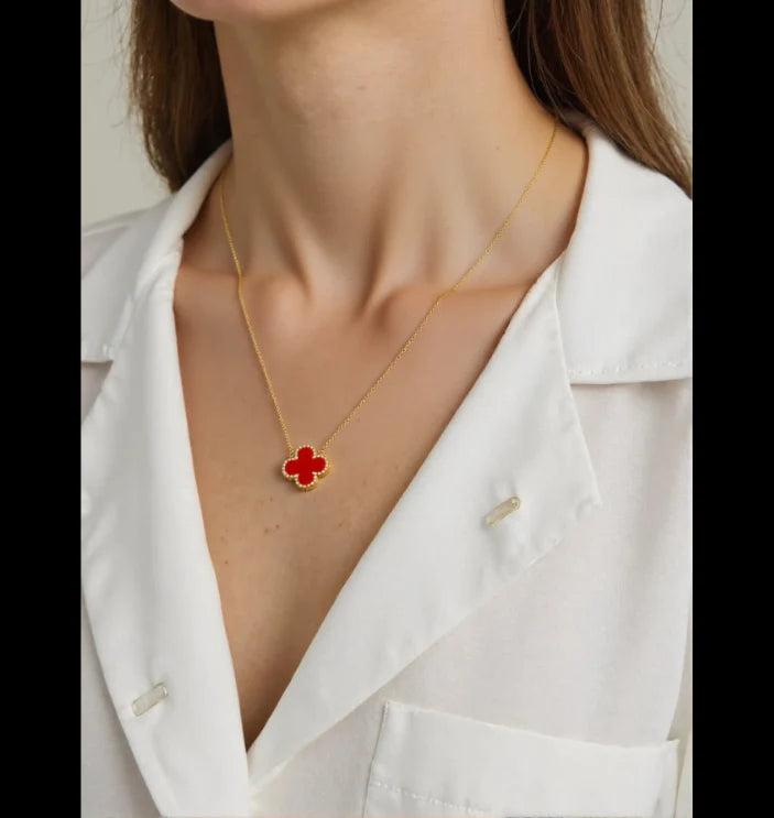 Stainless Steel clover Necklace -Gold plated (Oneside red and otherside black)