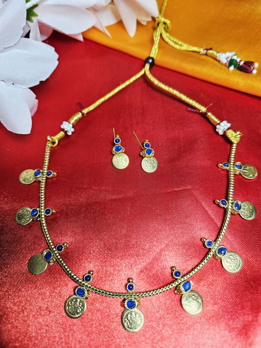 Kashi Coin Mala Set – Timeless Temple Jewellery (Blue,red and pearl stone)