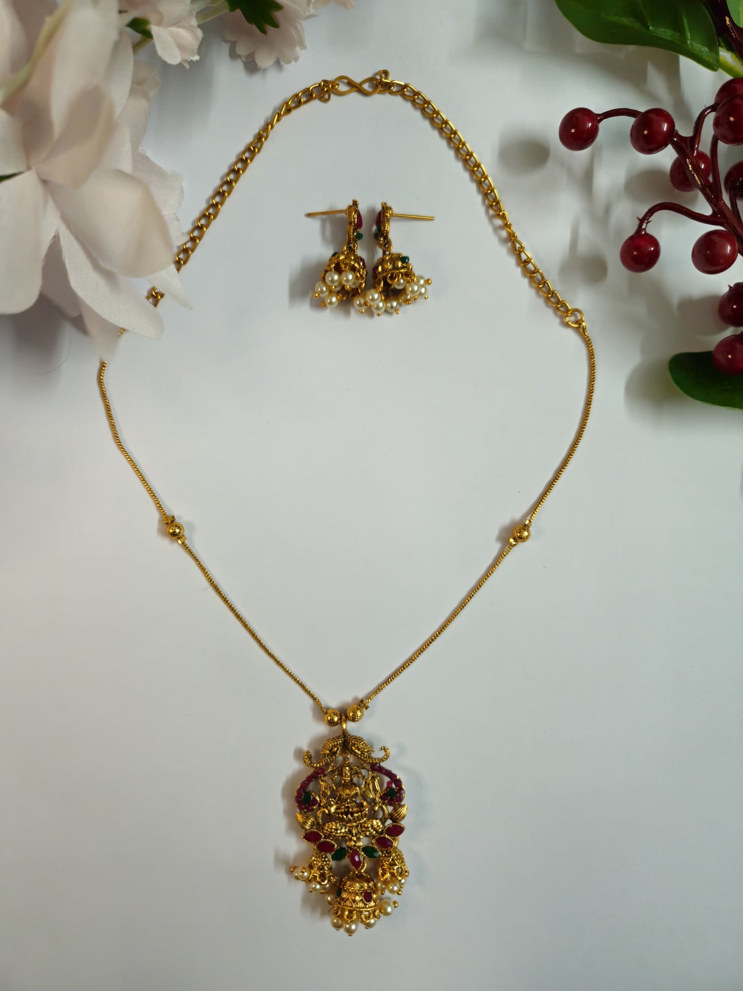 Traditional Lakshmi Temple Necklace Set with Pearl Drops – Gold-Toned Finish