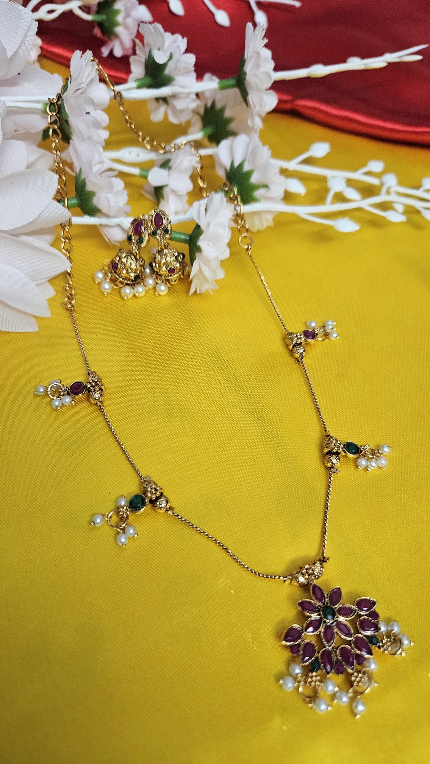 Traditional Red & Green Floral Necklace Set with Jhumkas