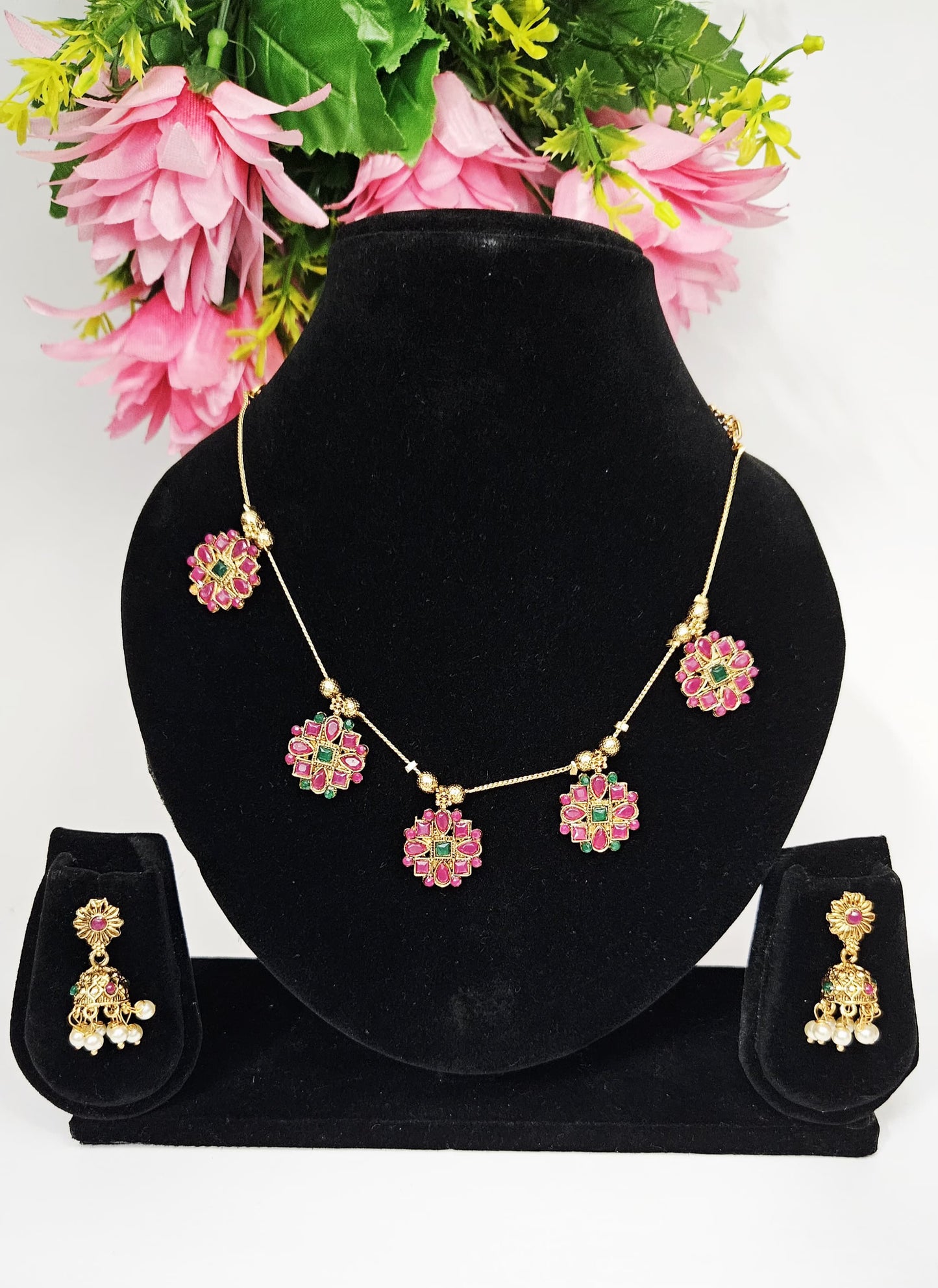 Traditional Red & Green Floral Necklace Set with Earrings