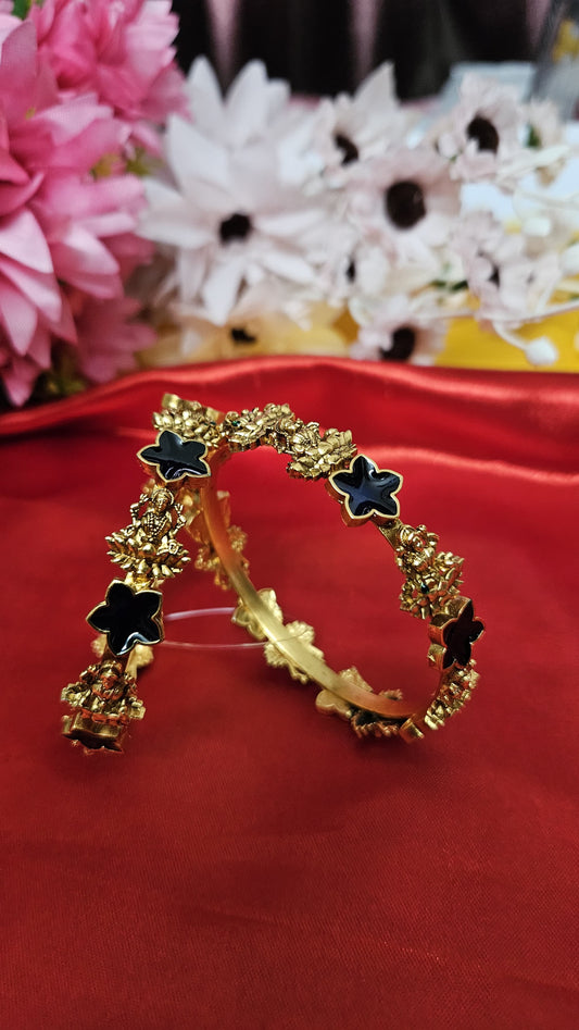 Antique Goddess Lakshmi Bangles with Black Floral Enamel – Traditional Temple Jewellery