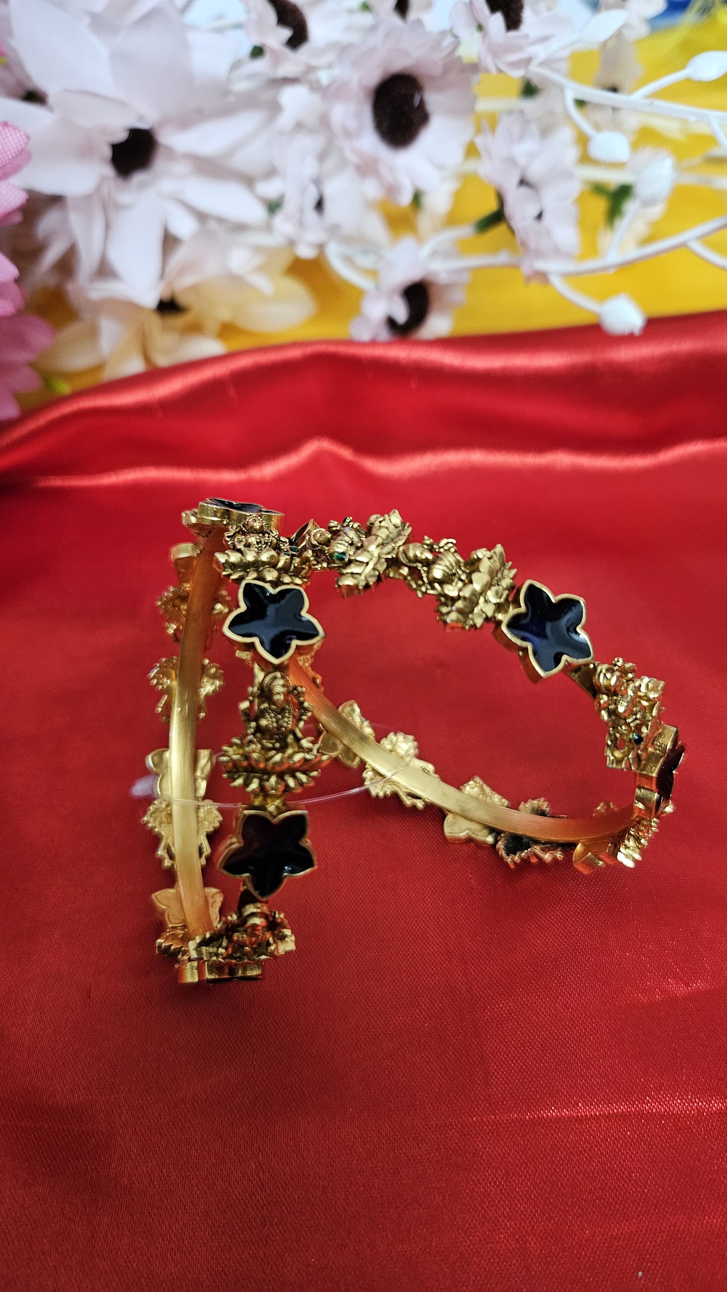 Antique Goddess Lakshmi Bangles with Black Floral Enamel – Traditional Temple Jewellery