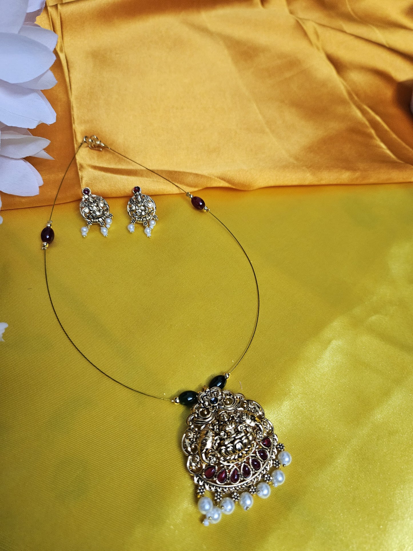 Traditional Lakshmi Pendant Necklace Set with Invisible Chain and Pearl Drops