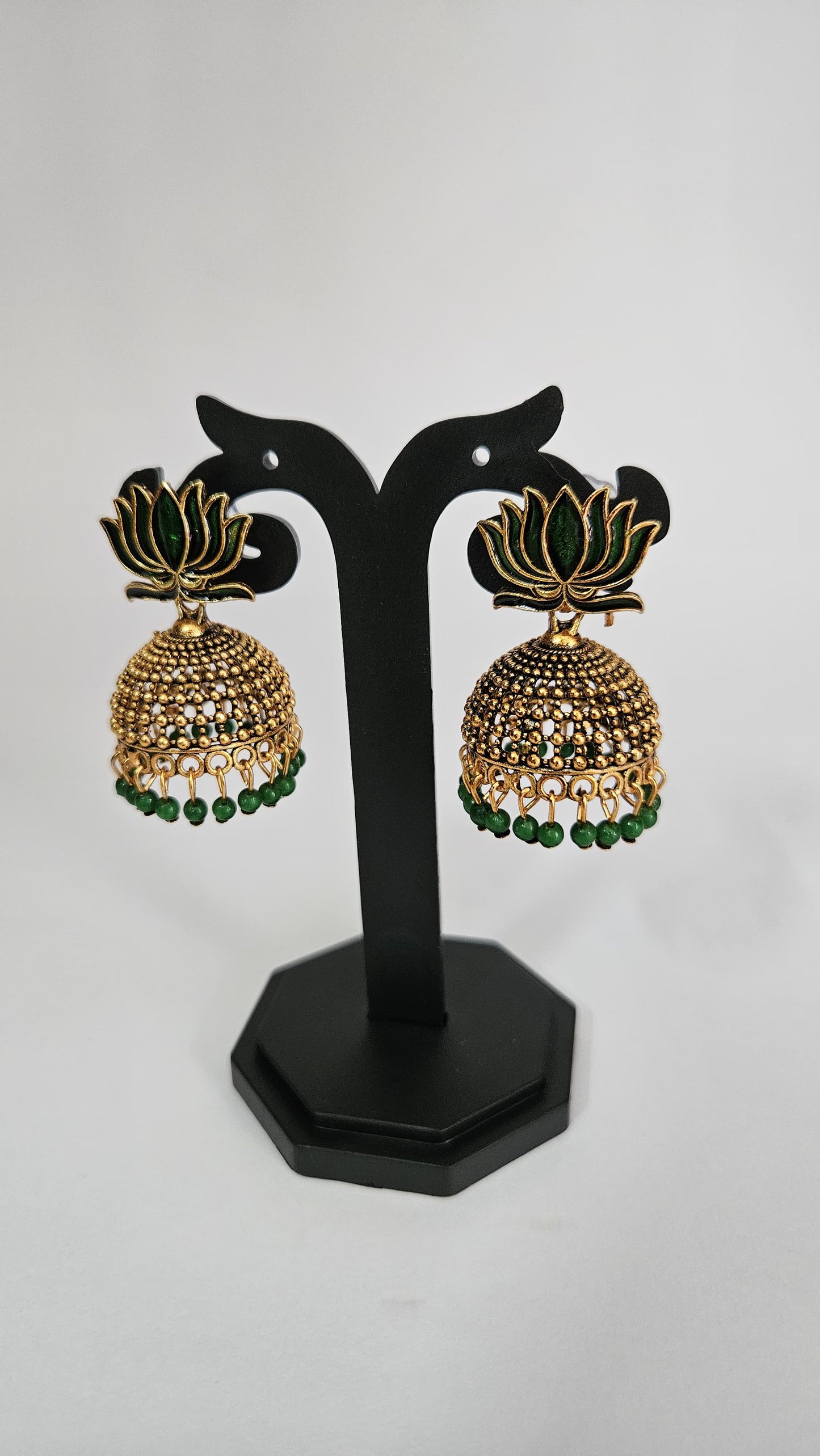 Traditional Lotus Jhumka Earrings – Antique Gold with Green Beads