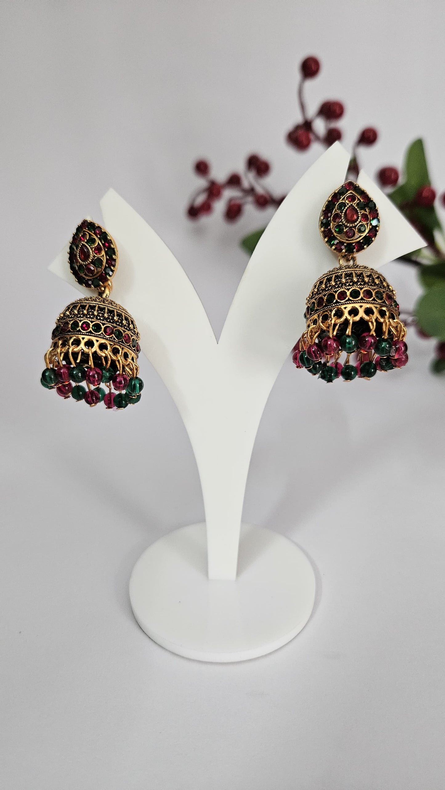 Antique Gold-Plated Traditional Jhumka Earrings with Green & Maroon Beads
