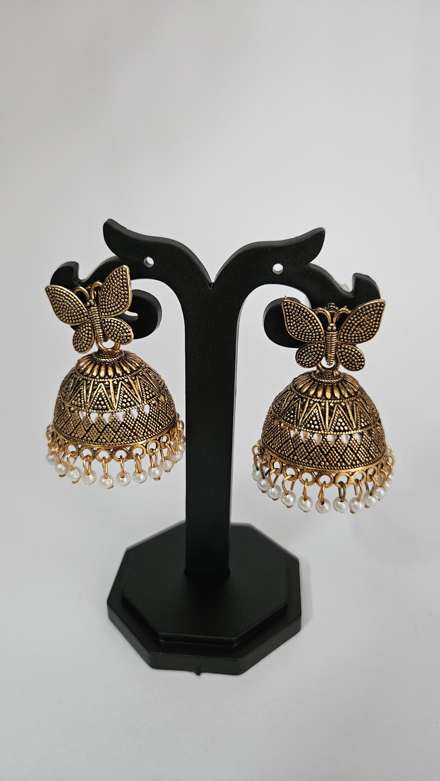 Butterfly Motif Antique Gold Jhumka Earrings with Pearl Drops
