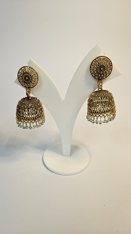 Antique Gold Jhumka Earrings with Beaded Fringe – Red & Blue Variants