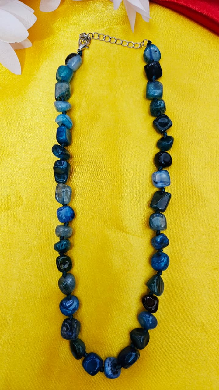 Natural Blue Tumbled Stone Beaded Necklace – Handcrafted Boho Style