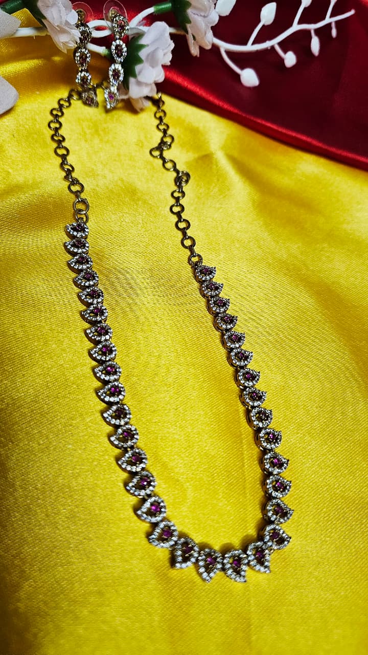 Elegant American Diamond Necklace Set – Green, Ruby Pink & Purple Variants