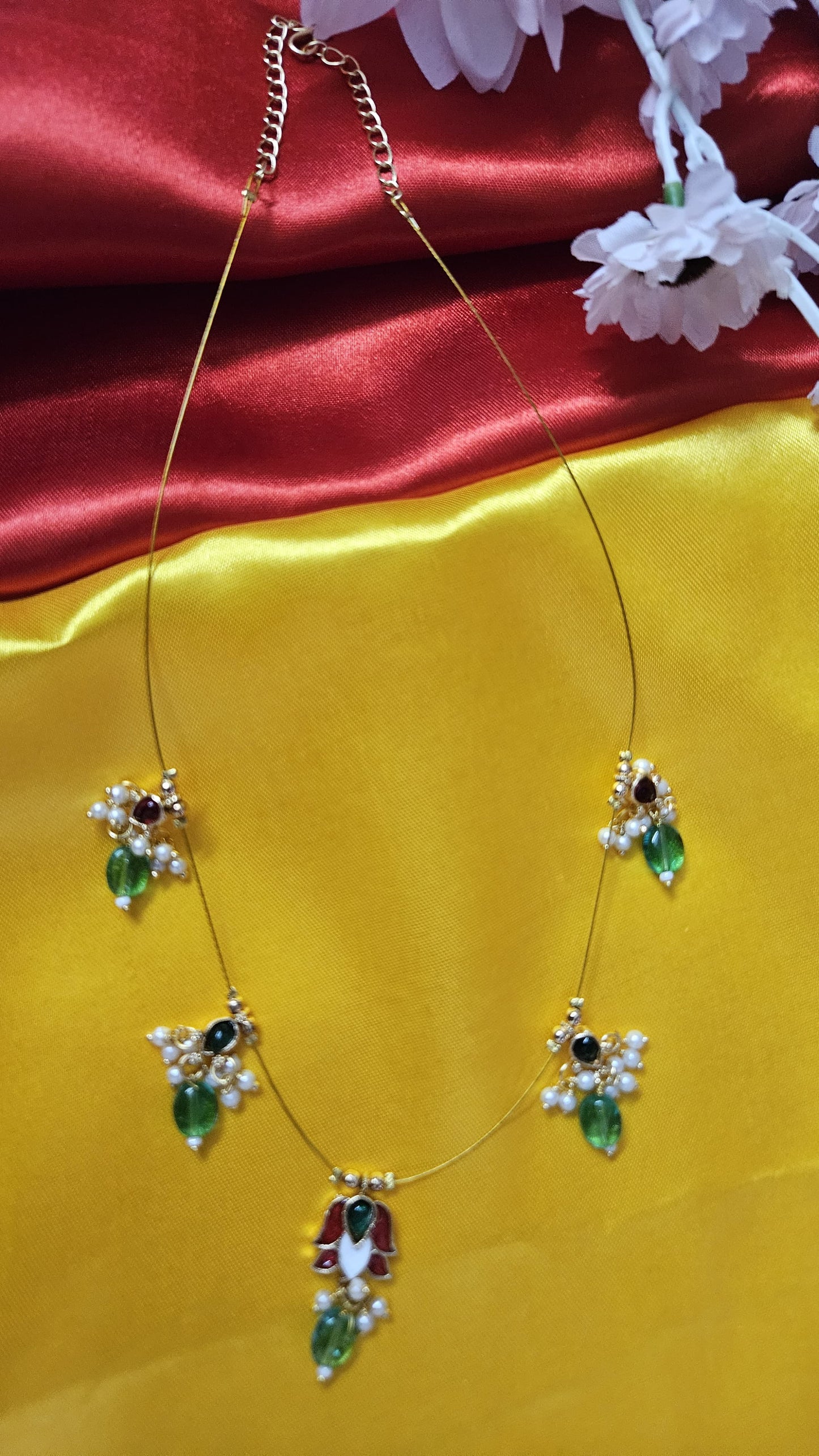 Royal Floral Invisible Chain Necklace | Enamel & Pearl Accents