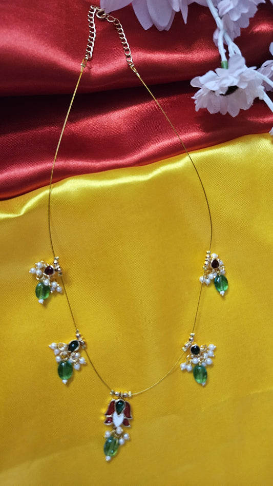 Royal Floral Invisible Chain Necklace | Enamel & Pearl Accents