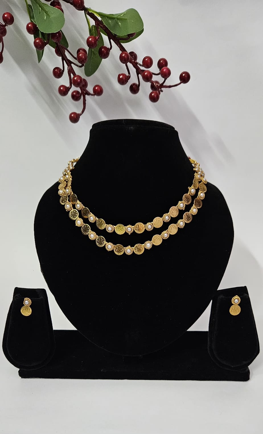 Traditional Kashimala Necklace Set with Red Stones (Double Layered)