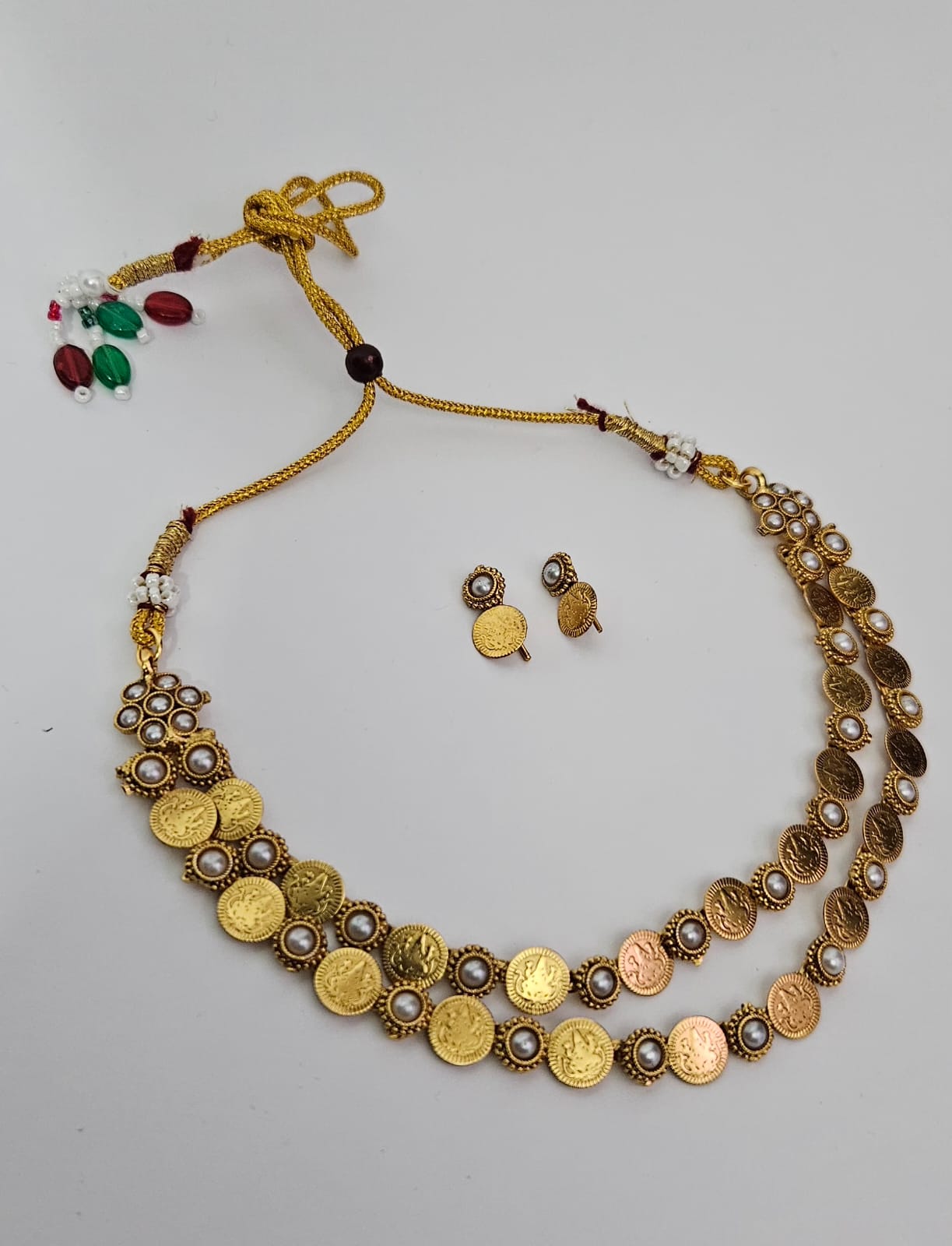 Traditional Kashimala Necklace Set with Red Stones (Double Layered)
