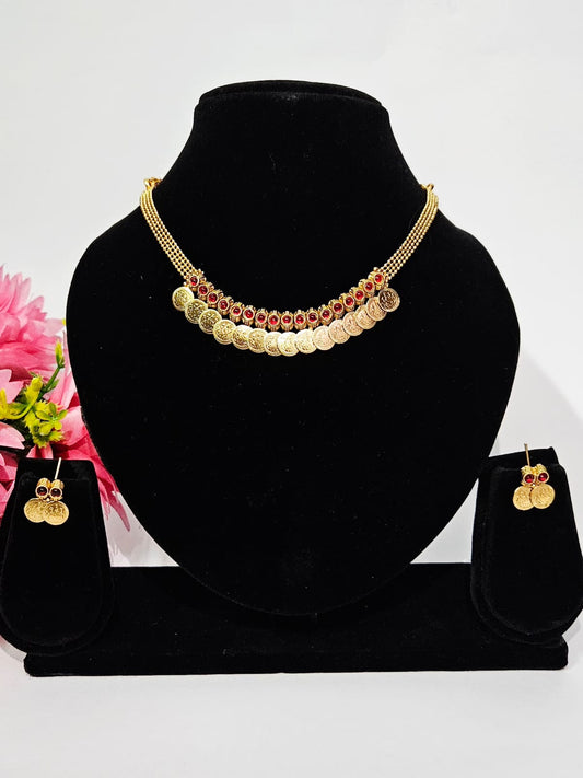 Single Layer Kashimala Necklace Set with Red Stones – Traditional Coin Jewelry