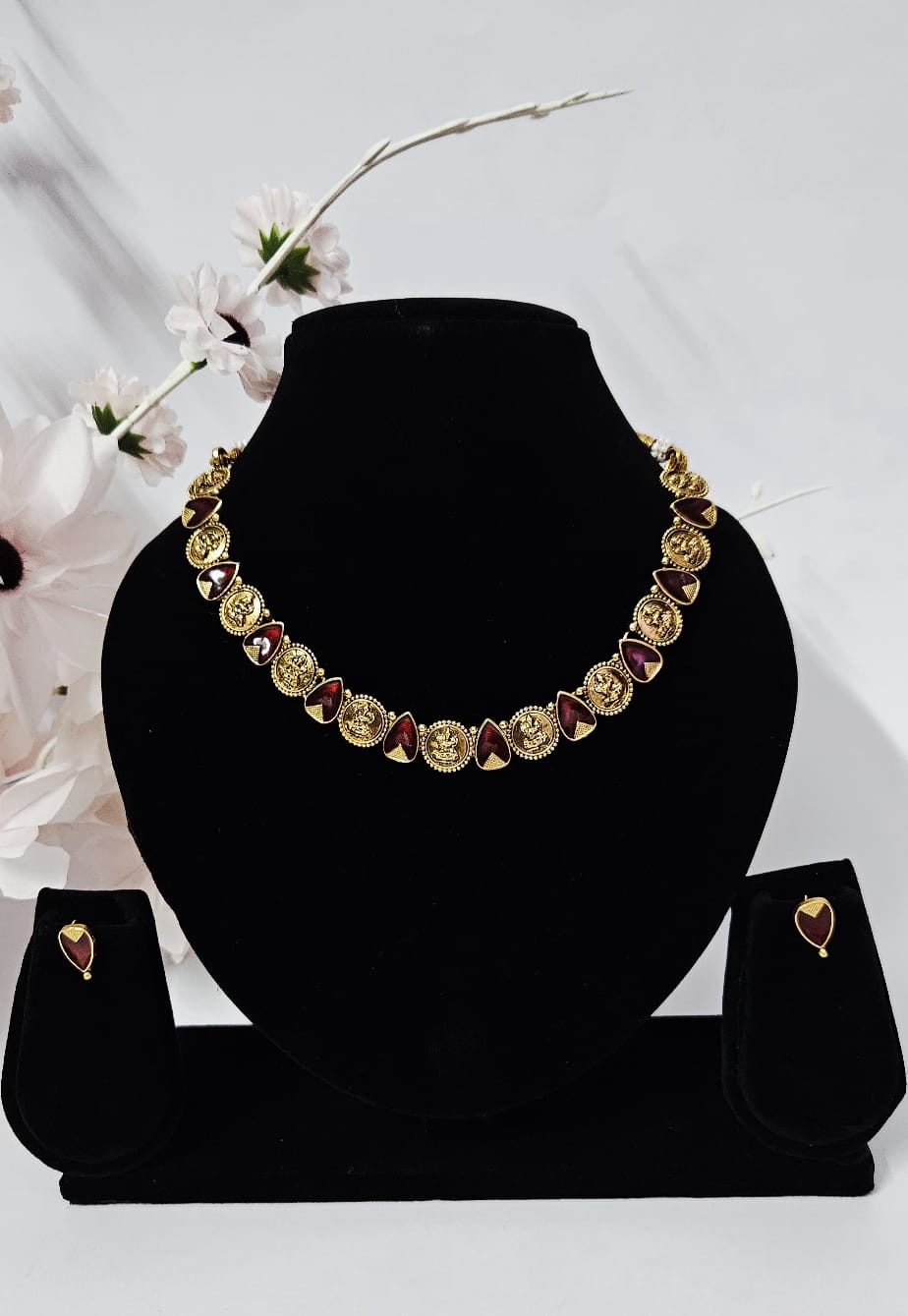 Temple Design Kashimala Necklace Set with Maroon Drop Accents – Traditional Gold-Toned Coin Jewelry