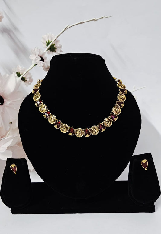 Temple Design Kashimala Necklace Set with Maroon Drop Accents – Traditional Gold-Toned Coin Jewelry