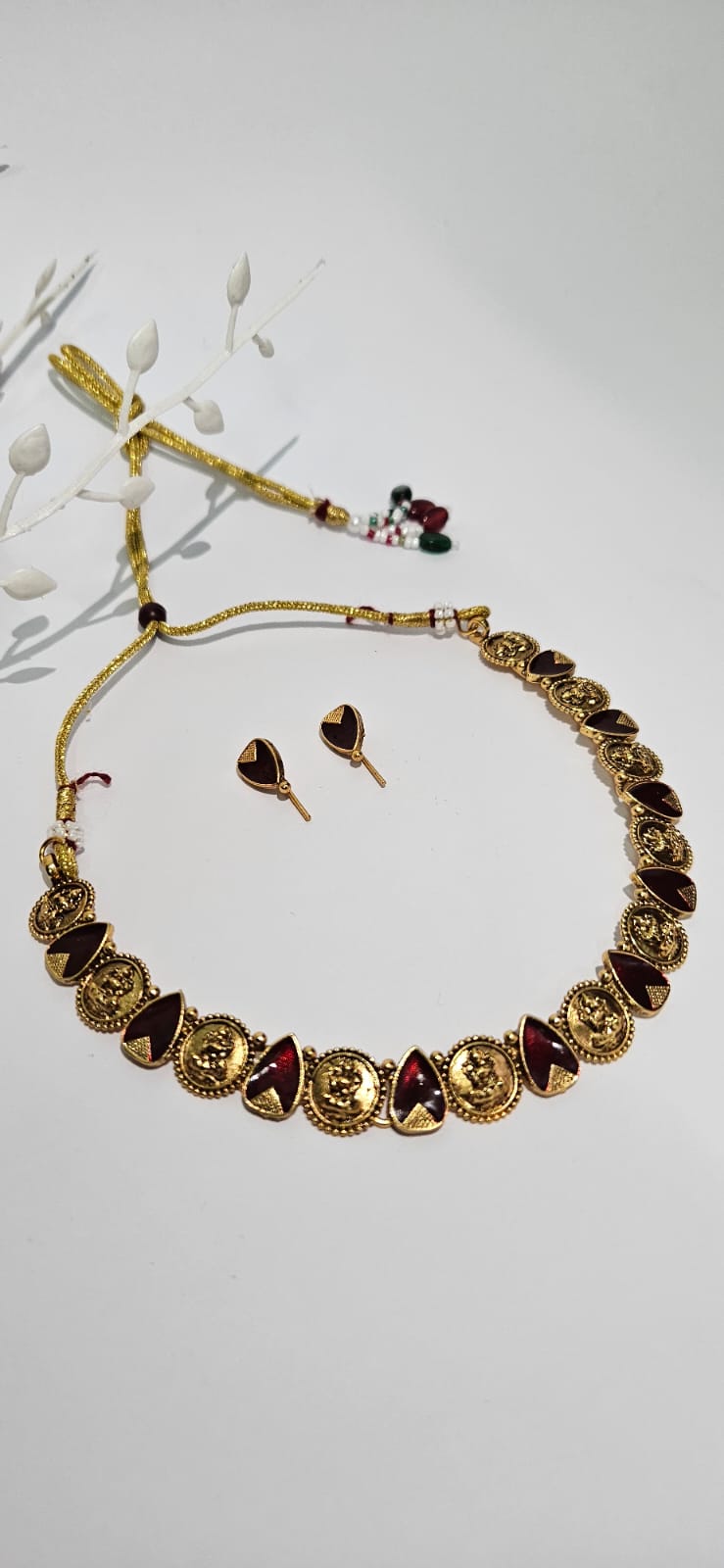 Temple Design Kashimala Necklace Set with Maroon Drop Accents – Traditional Gold-Toned Coin Jewelry