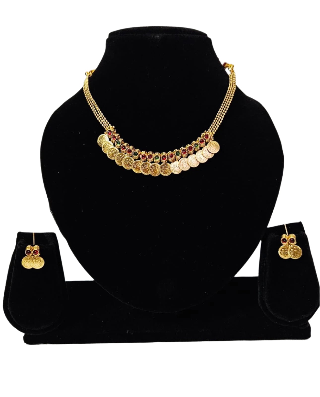 Temple Style Kashimala Necklace Set with Red & Green Stones – Lakshmi Coin Design