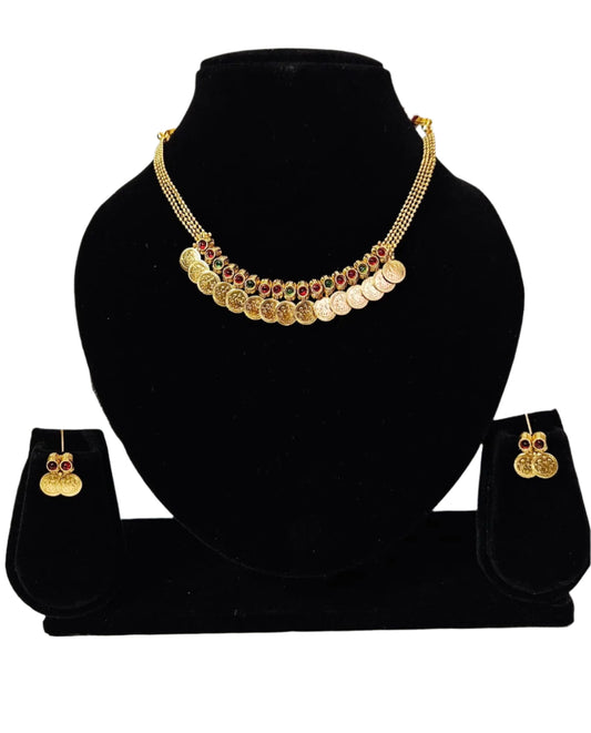 Temple Style Kashimala Necklace Set with Red & Green Stones – Lakshmi Coin Design