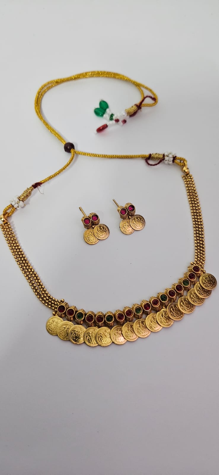 Temple Style Kashimala Necklace Set with Red & Green Stones – Lakshmi Coin Design