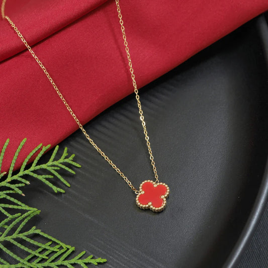 Stainless Steel clover Necklace -Gold plated (Oneside red and otherside black)