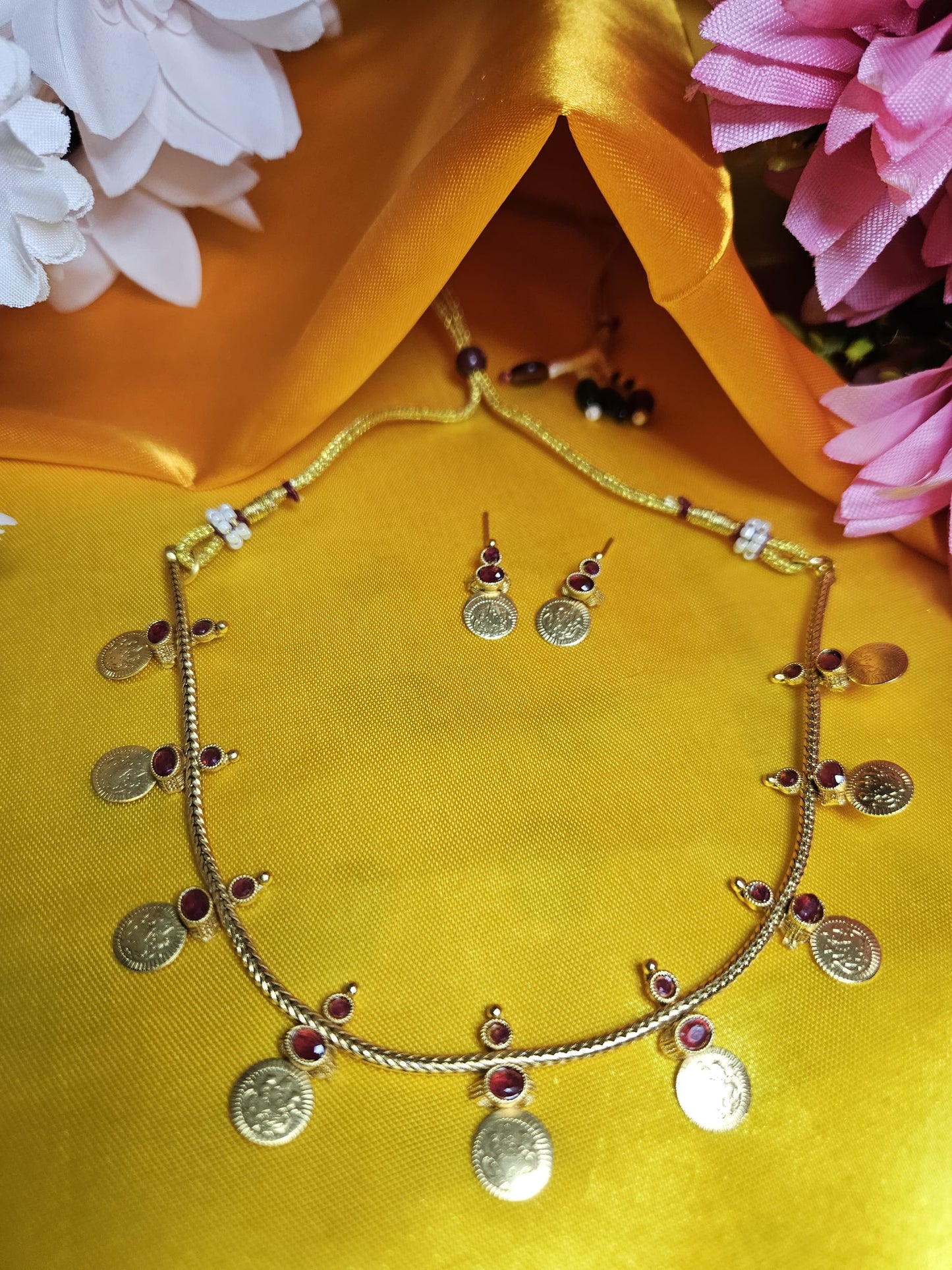 Kashi Coin Mala Set – Timeless Temple Jewellery (Blue,red and pearl stone)