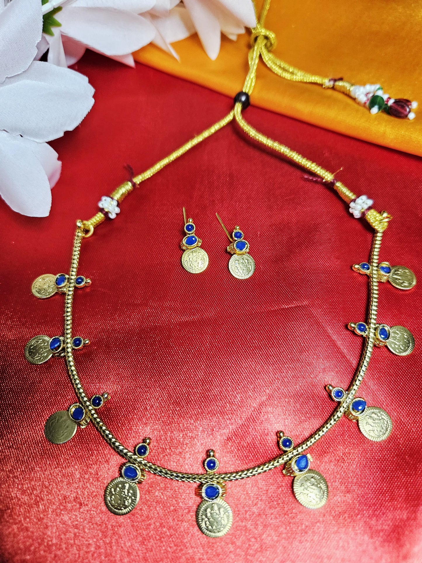 Kashi Coin Mala Set – Timeless Temple Jewellery (Blue,red and pearl stone)