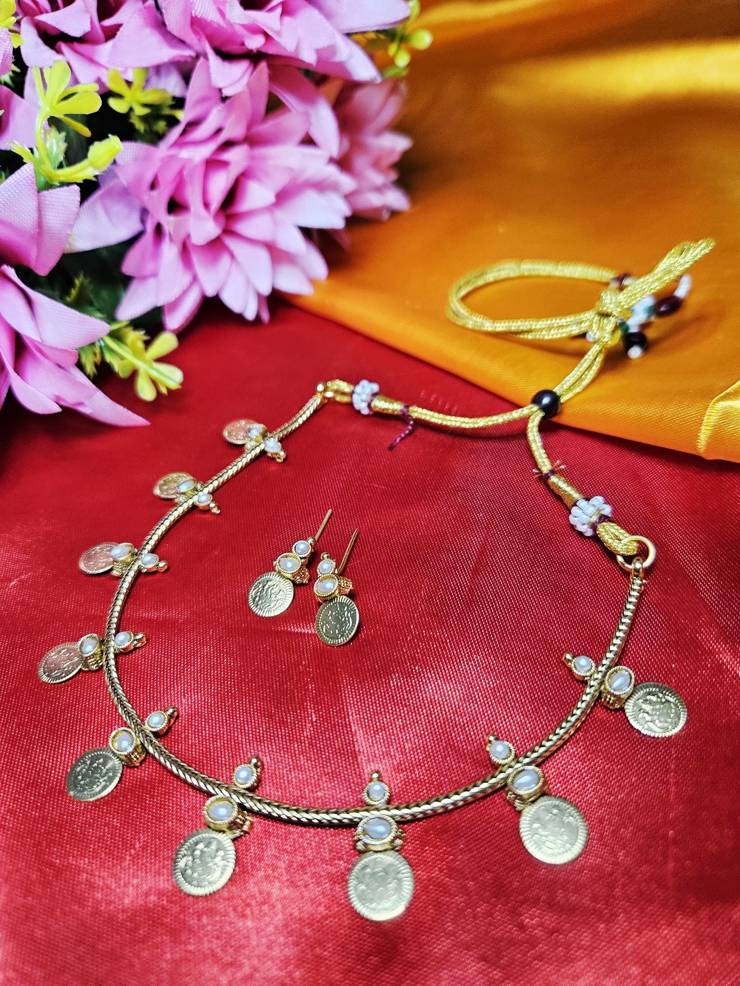 Kashi Coin Mala Set – Timeless Temple Jewellery (Blue,red and pearl stone)