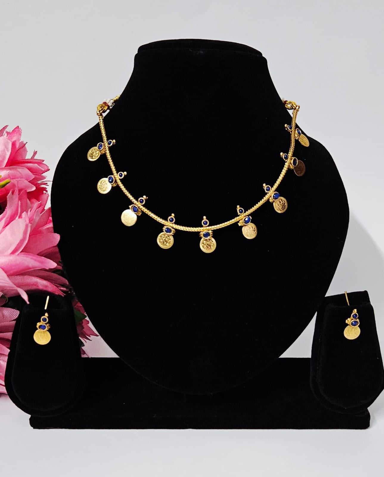 Kashi Coin Mala Set – Timeless Temple Jewellery (Blue,red and pearl stone)