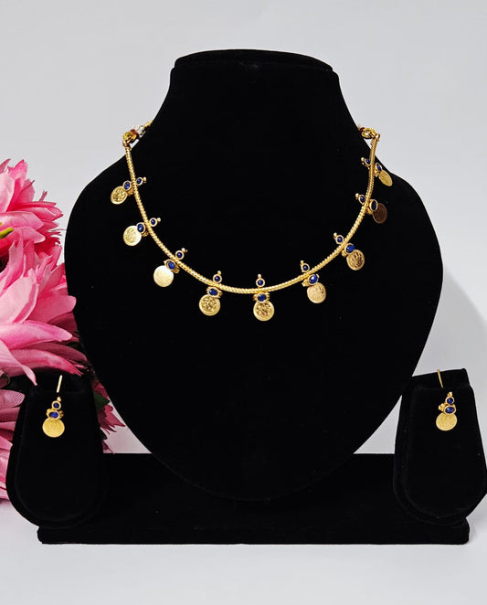 Kashi Coin Mala Set – Timeless Temple Jewellery (Blue,red and pearl stone)