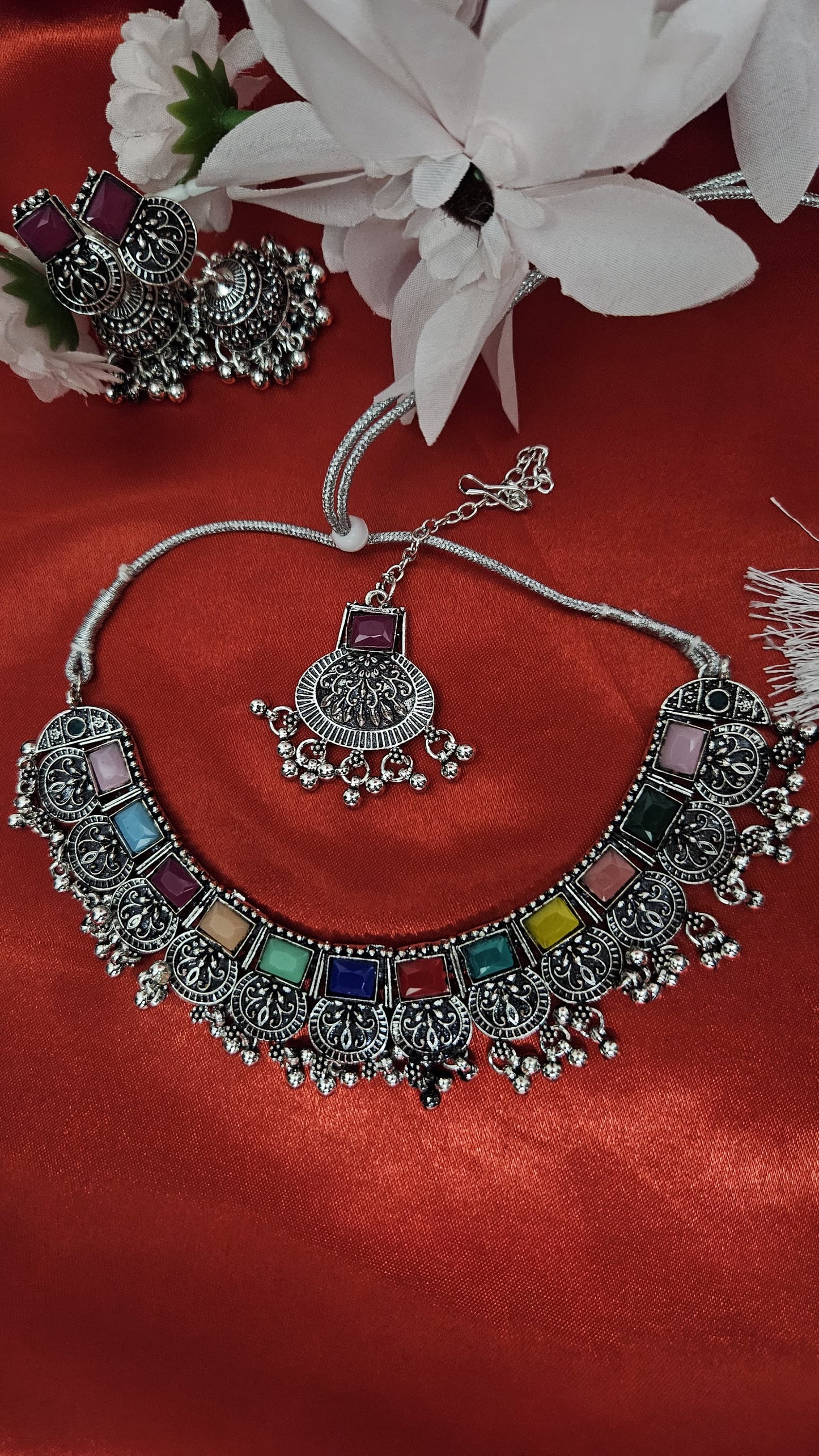Multicolor Oxidized Choker Necklace Set with Earrings & Maang Tikka