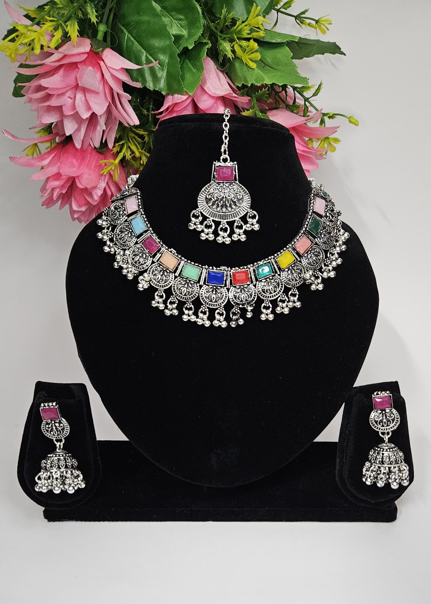 Multicolor Oxidized Choker Necklace Set with Earrings & Maang Tikka