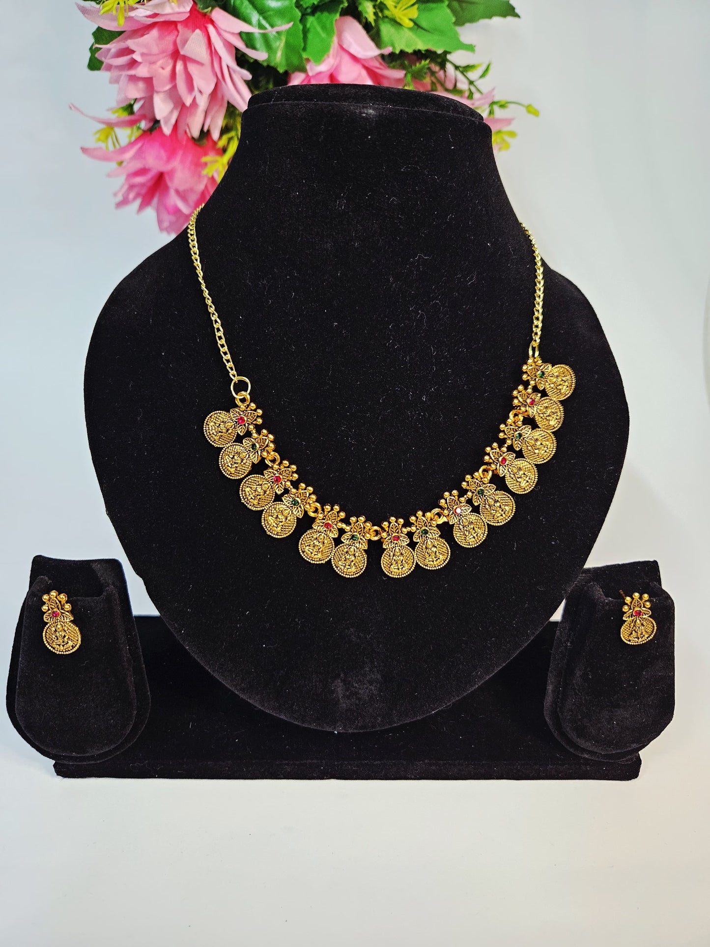 Traditional Temple Coin Necklace Set with Earrings – Antique Gold Finish