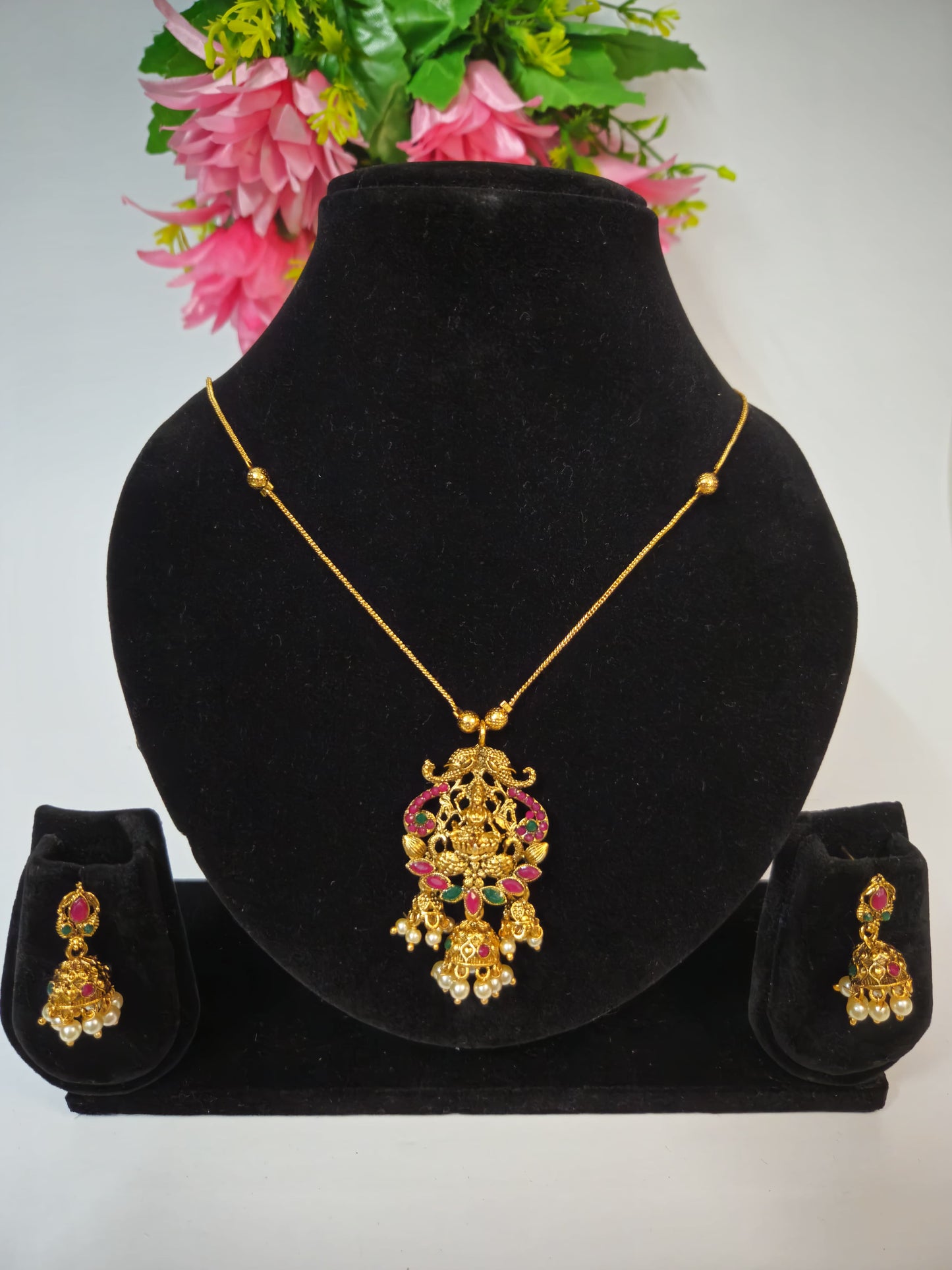 Traditional Lakshmi Temple Necklace Set with Pearl Drops – Gold-Toned Finish