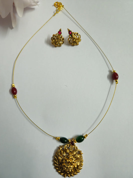 Antique Lakshmi Coin Pendant Necklace Set with Invisible Chain