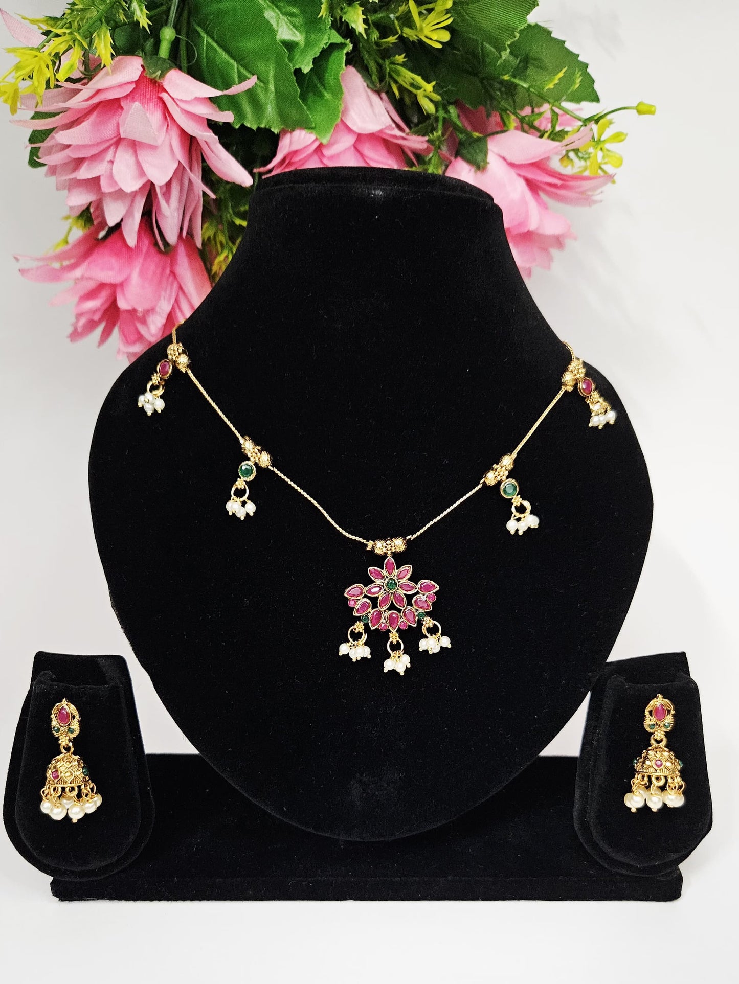 Traditional Red & Green Floral Necklace Set with Jhumkas