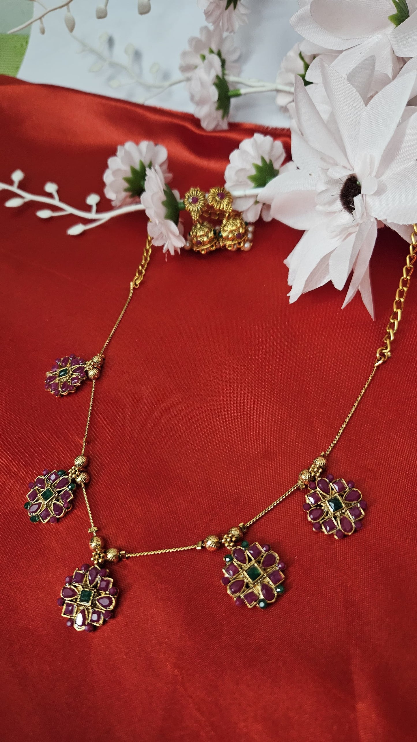 Traditional Red & Green Floral Necklace Set with Earrings