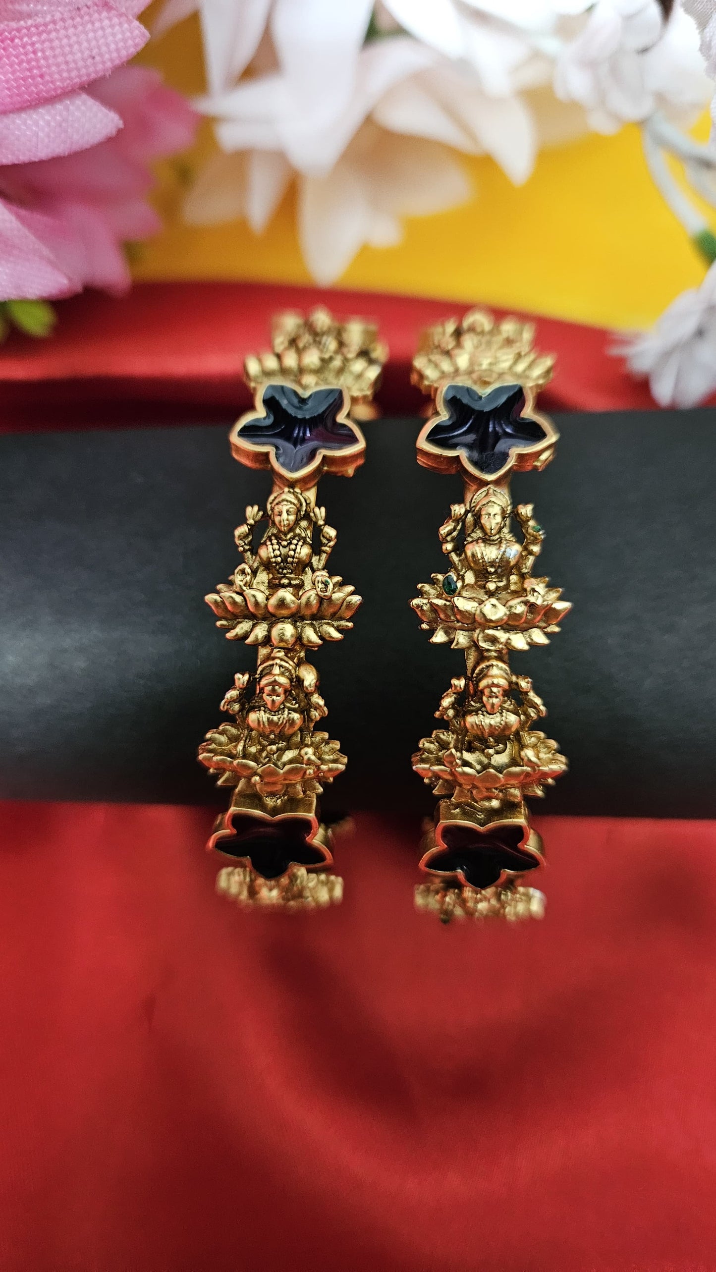 Antique Goddess Lakshmi Bangles with Black Floral Enamel – Traditional Temple Jewellery