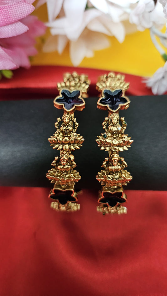 Antique Goddess Lakshmi Bangles with Black Floral Enamel – Traditional Temple Jewellery
