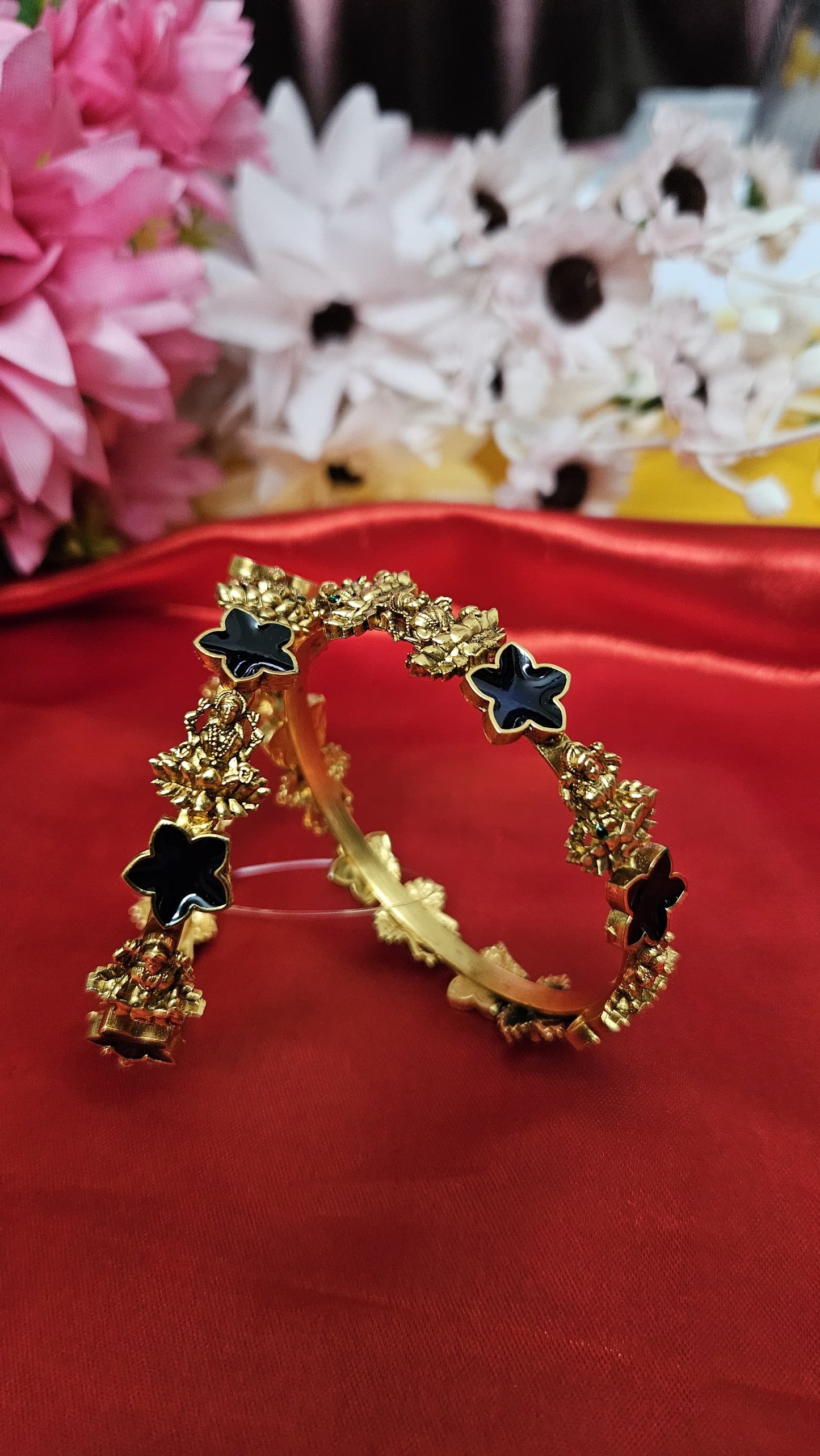 Antique Goddess Lakshmi Bangles with Black Floral Enamel – Traditional Temple Jewellery