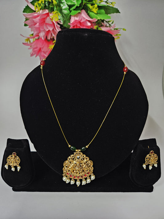 Traditional Lakshmi Pendant Necklace Set with Invisible Chain and Pearl Drops
