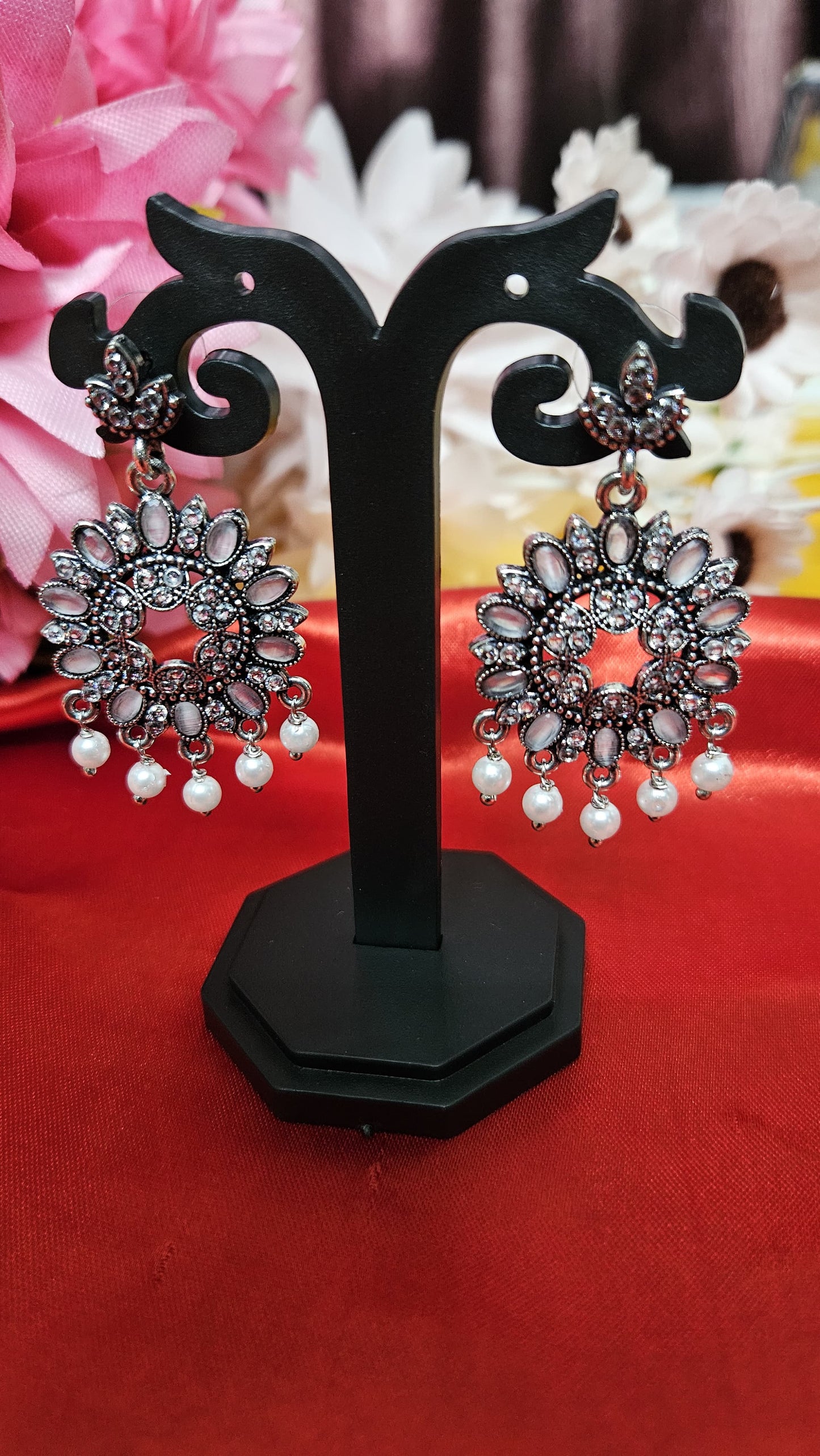 Silver-Plated Floral Drop Earrings with Pearl Beads