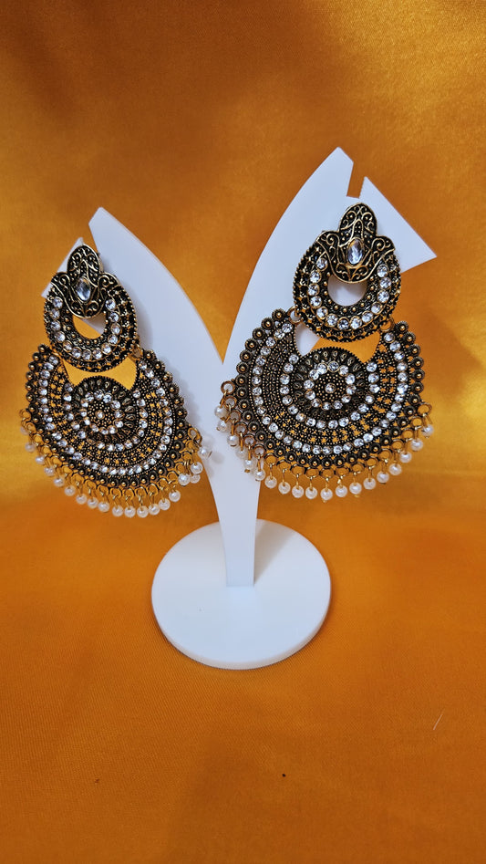 Antique Gold-Plated Chandbali Earrings with Pearls & Stones
