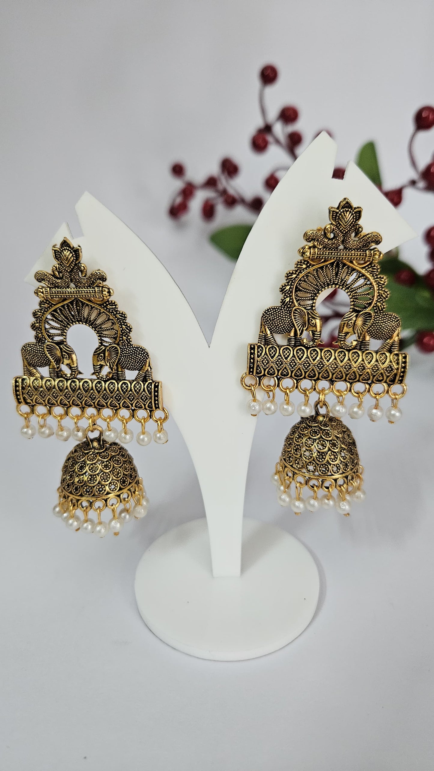 Antique Gold Temple Jhumka Earrings with Elephant Motif & Pearl Drops