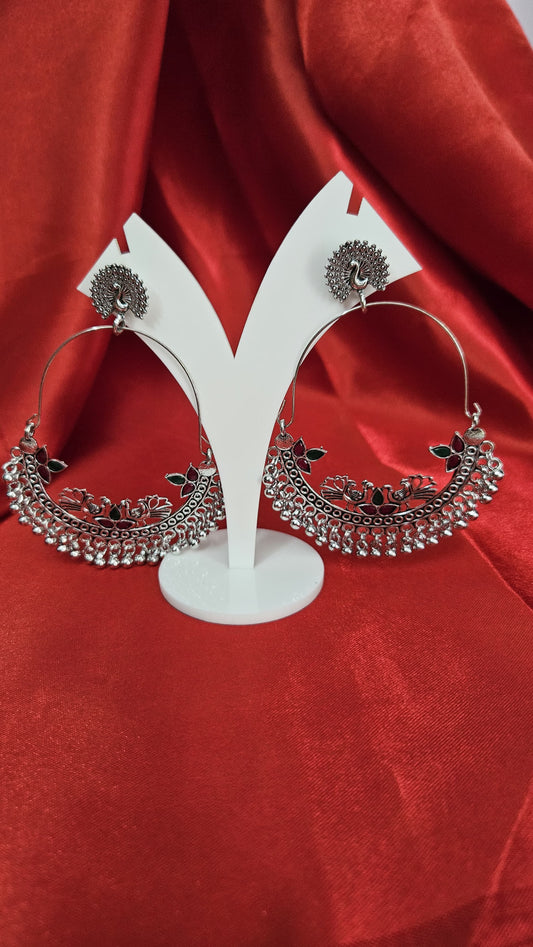 Oxidized Peacock Hoop Earrings with Mirror & Meenakari Work