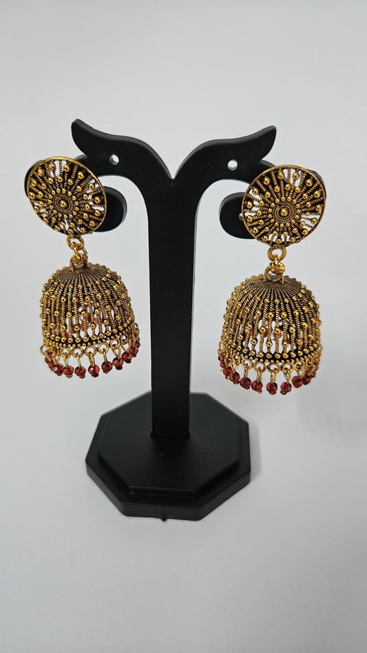 Antique Gold Jhumka Earrings with Beaded Fringe – Red & Blue Variants