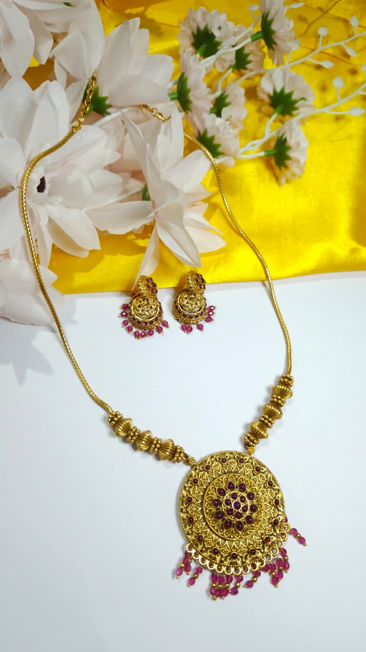 Traditional Antique Gold Plated Necklace Set with Ruby Red Stones