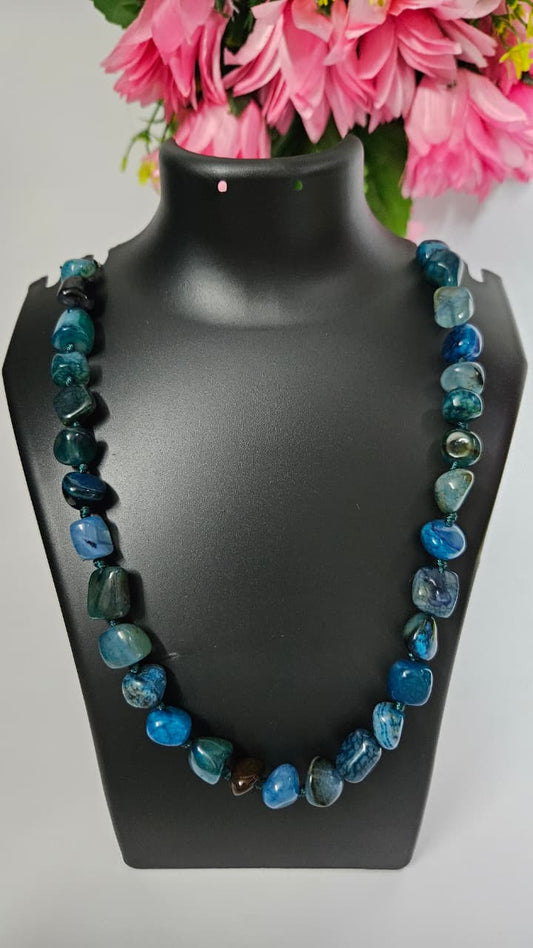 Natural Blue Tumbled Stone Beaded Necklace – Handcrafted Boho Style
